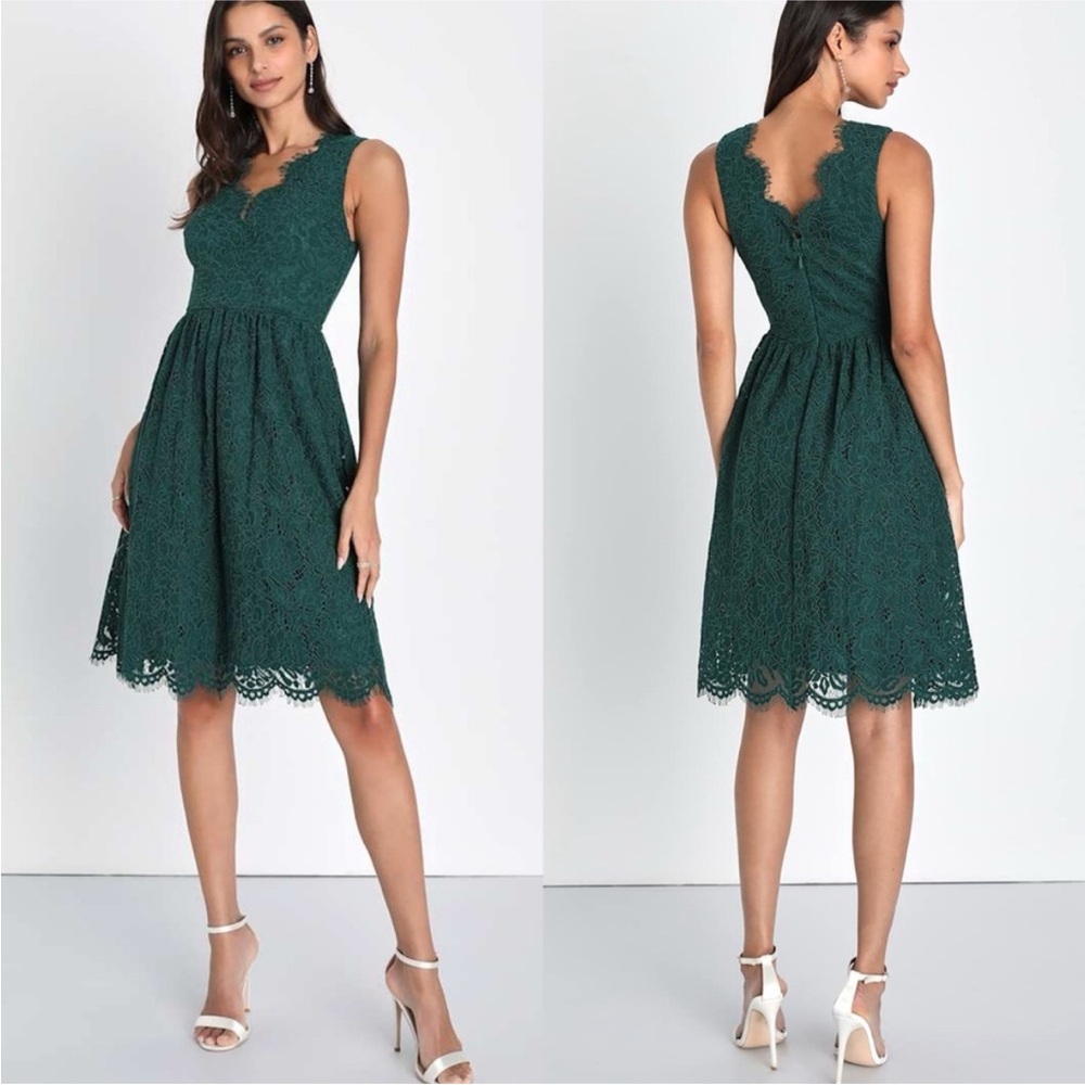 Lulus Love Swept Emerald Green Lace Midi Skater Dress